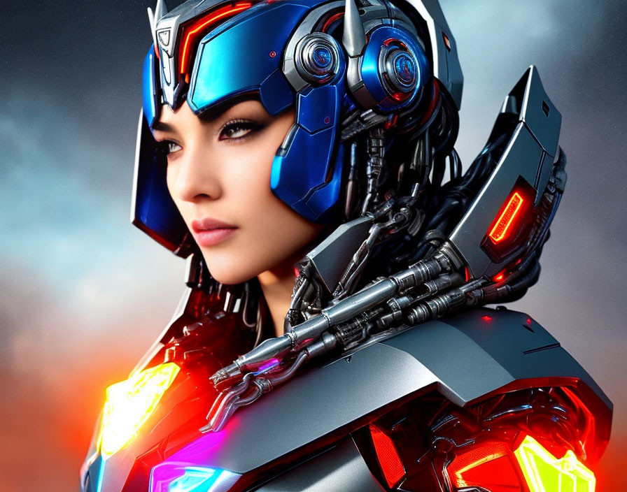 Detailed Close-Up of Woman in Cybernetic Suit and Helmet