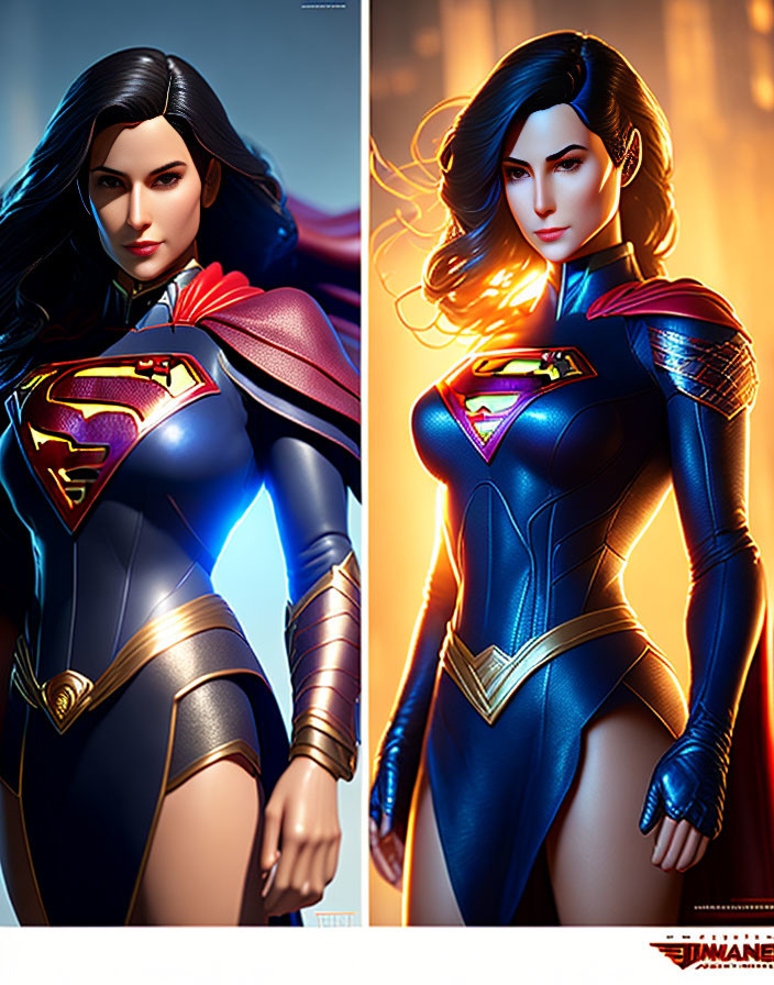 Female superhero in blue and red costume in two poses with dramatic lighting