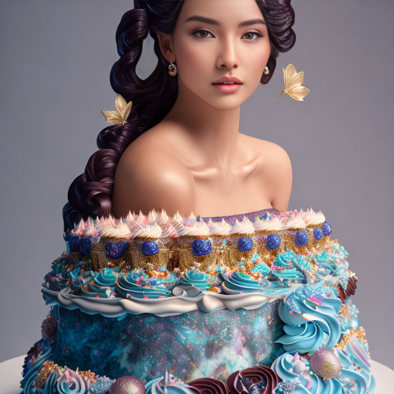 Woman in Cake-Inspired Dress with Stylish Hair and Makeup