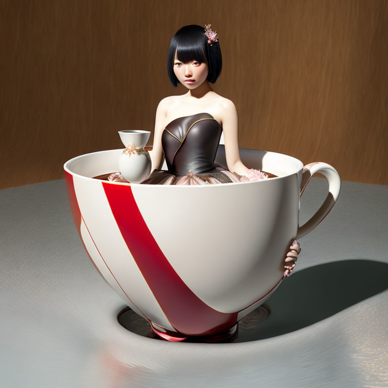 Woman with Black Bob Haircut Sitting in Large White Teacup with Red Stripe, Wearing Brown