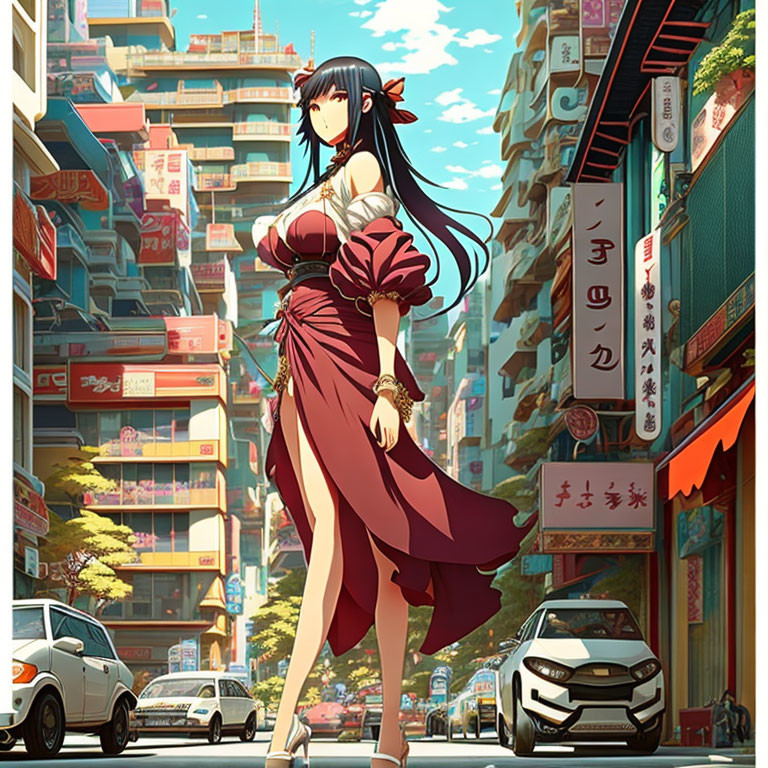 Animated female character with long black hair in bustling city scene