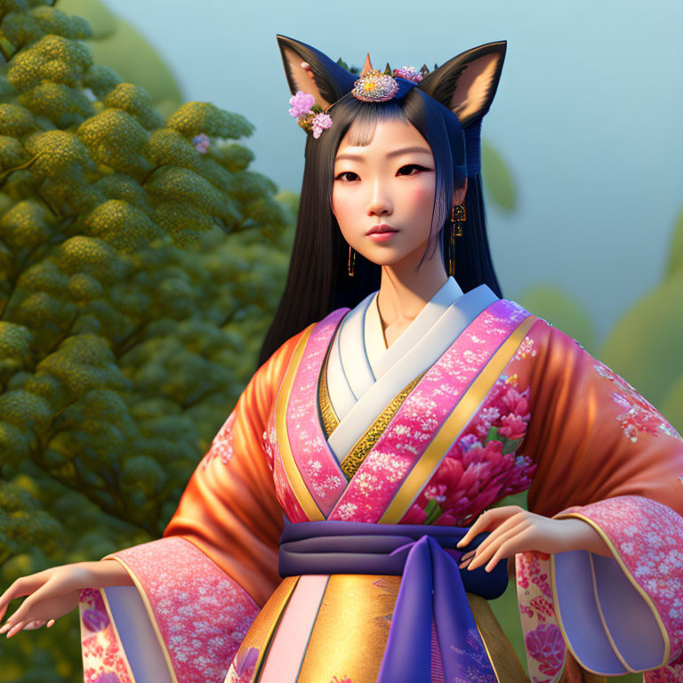 Illustrated character with fox ears in ornate kimono amid lush greenery