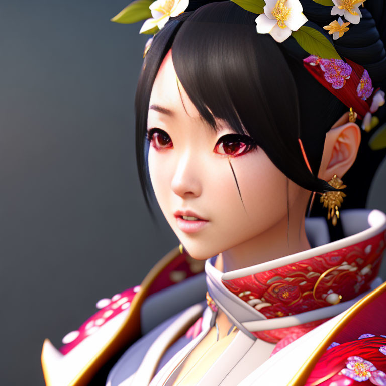 Digital portrait of woman with expressive eyes in Japanese attire