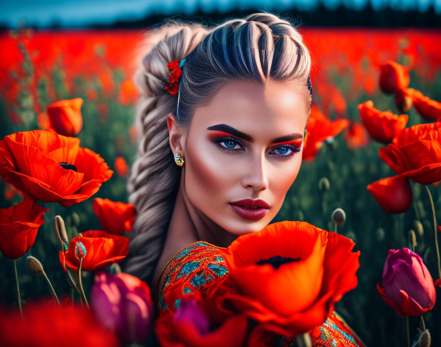 Woman with Braided Hairstyle in Red Poppy Field with Striking Makeup