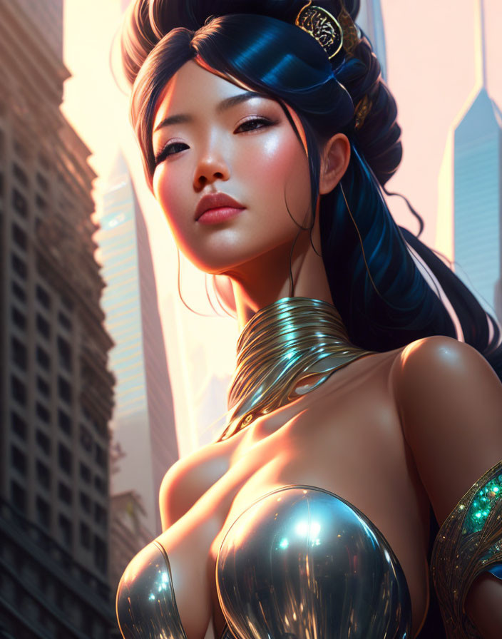 Futuristic female character in gold armor with flowing hair amid skyscrapers