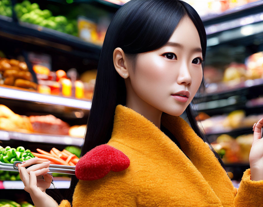 Woman in Yellow Coat Shopping with Red Vegetables and Grocery Shelves