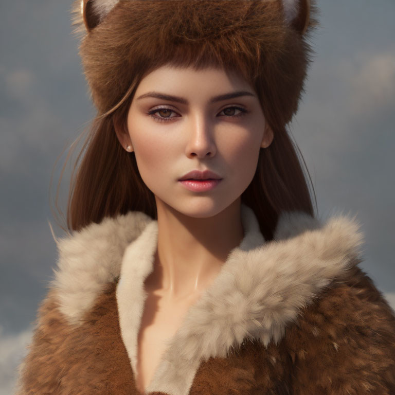 Digital Artwork: Woman with Brown Bear Ears in Fur-Trimmed Coat