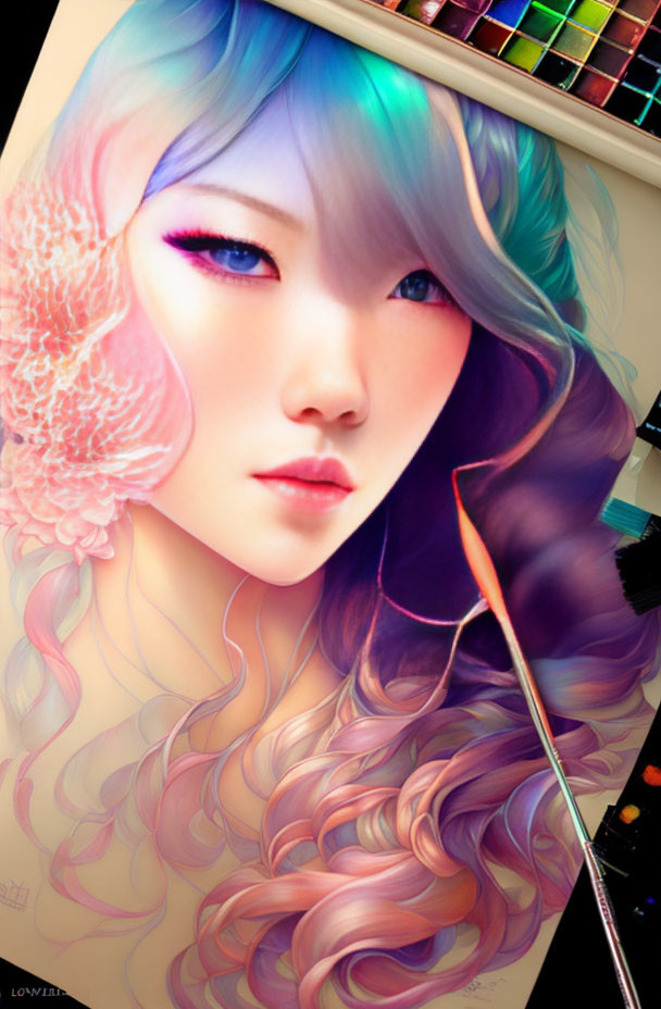 Colorful digital artwork of a woman with flowing hair being painted on canvas