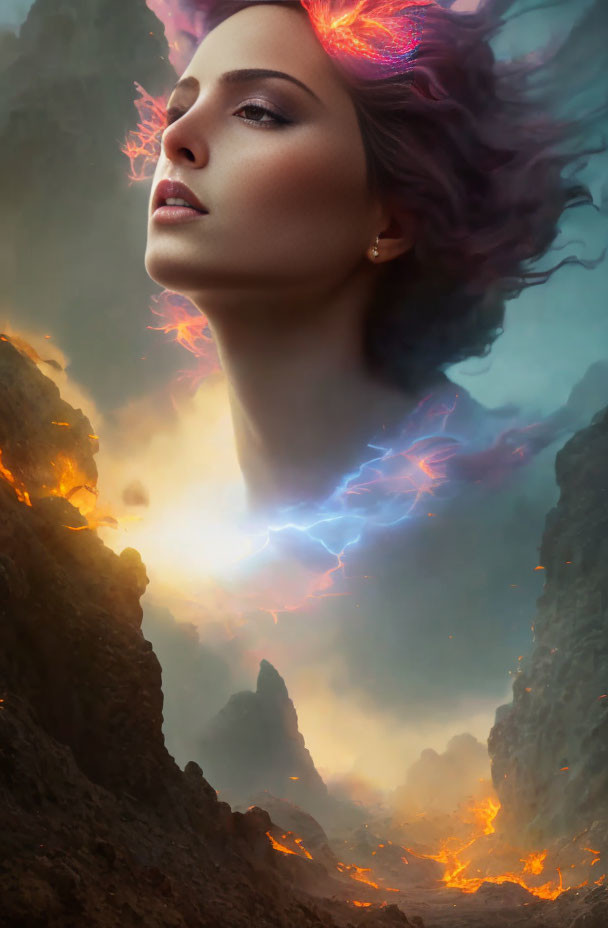 Surreal portrait of woman with pink-infused hair in stormy landscape