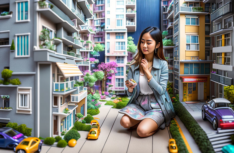 Woman sitting in vibrant miniature cityscape with small cup, colorful buildings, cars, and lush flora.
