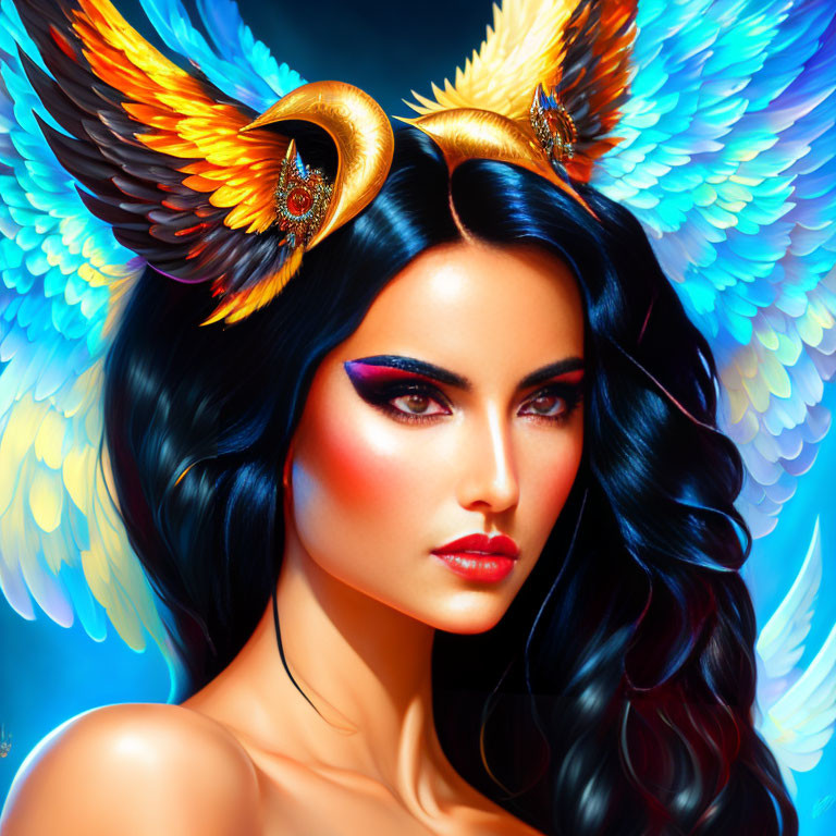 Colorful bird-like winged woman with dark hair and bold red lips.