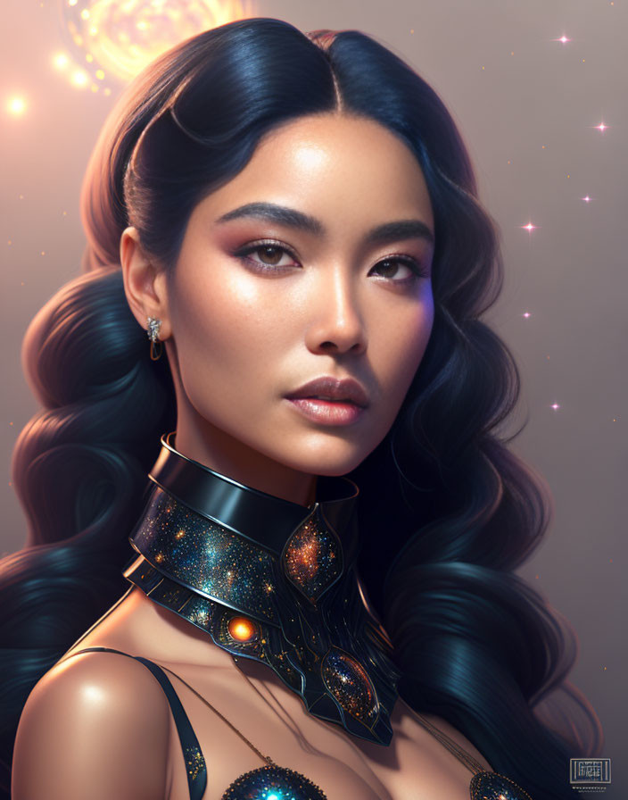 Dark-haired woman with cosmic-themed make-up and jewelry on starry backdrop