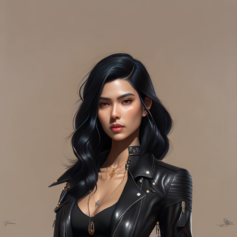 Digital artwork: Woman with long black hair and leather jacket