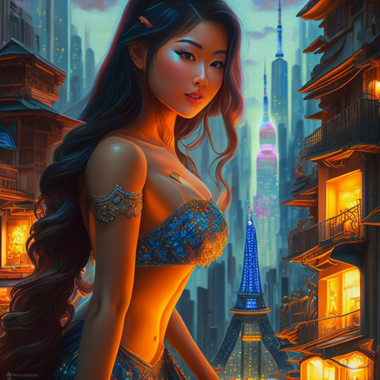 Digital illustration: Woman with long hair in futuristic city at twilight.