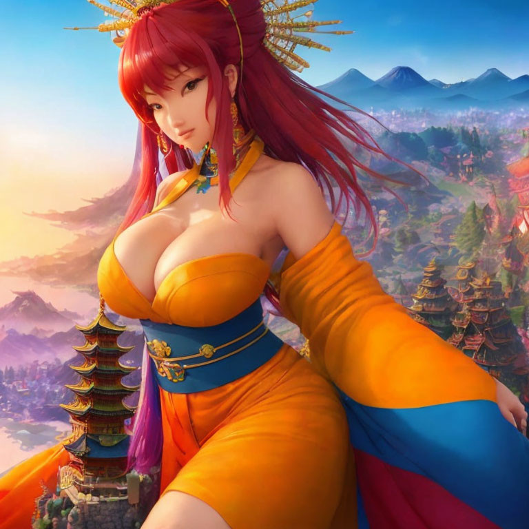 Red-haired animated character in yellow and blue dress in Eastern fantasy landscape