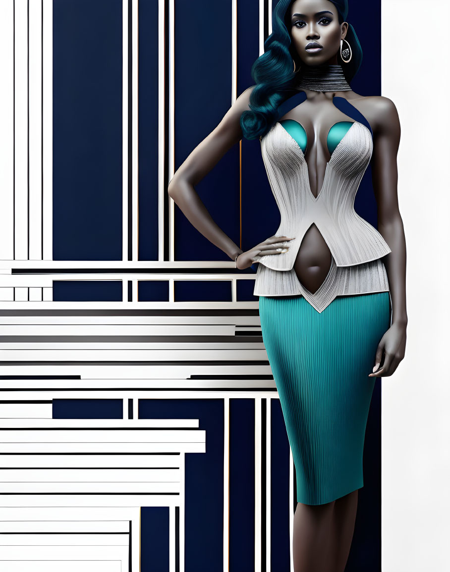 Dark-skinned woman with blue hair in chic dress on abstract background