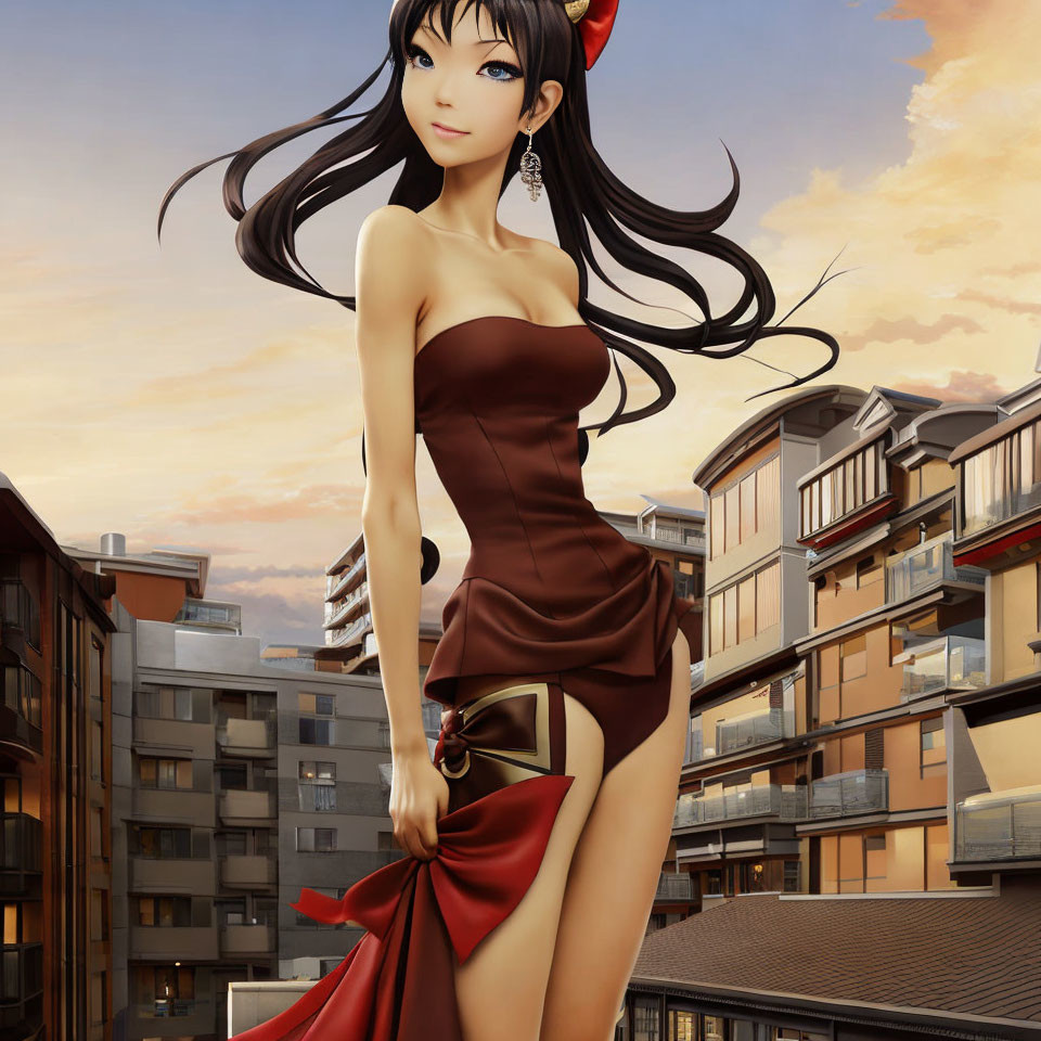 Elegant woman in brown dress and red scarf against urban backdrop