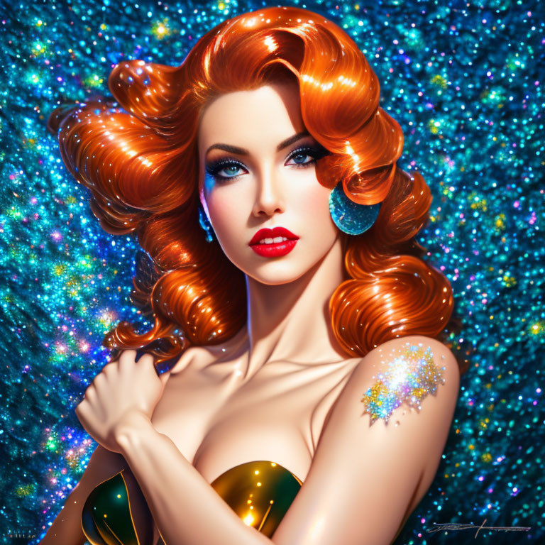 Vibrant digital portrait of a woman with red hair and glitter makeup