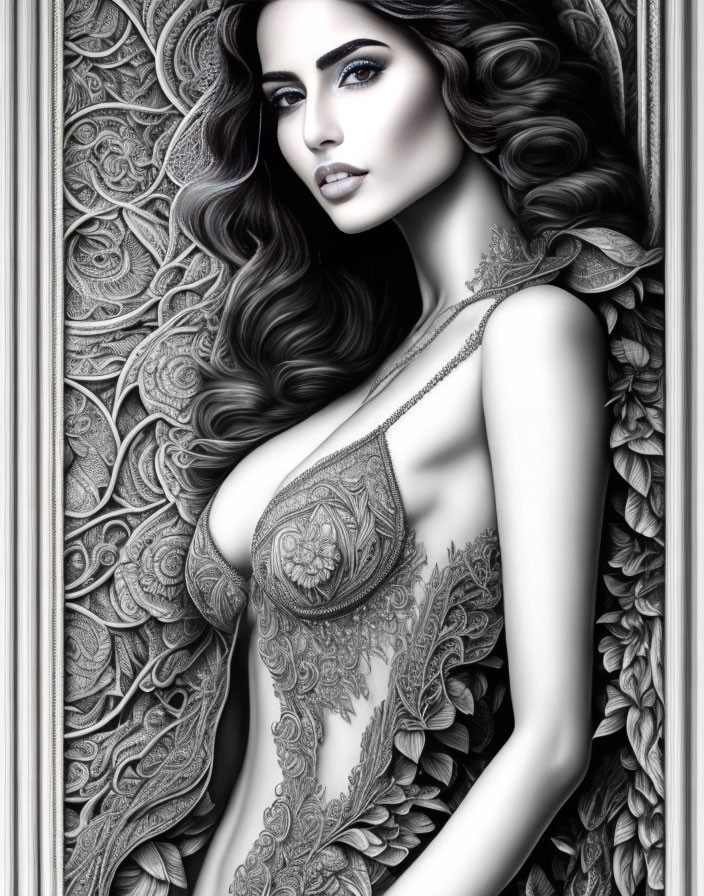 Detailed grayscale illustration of woman with intricate patterns, lace attire, flowing hair, and sharp features.