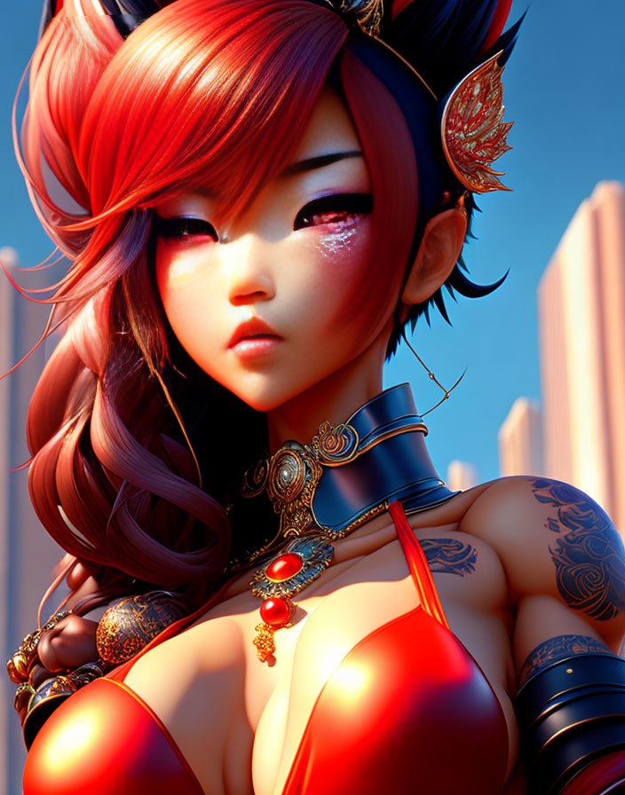 Stylized 3D illustration of female character with red hair and tattoos