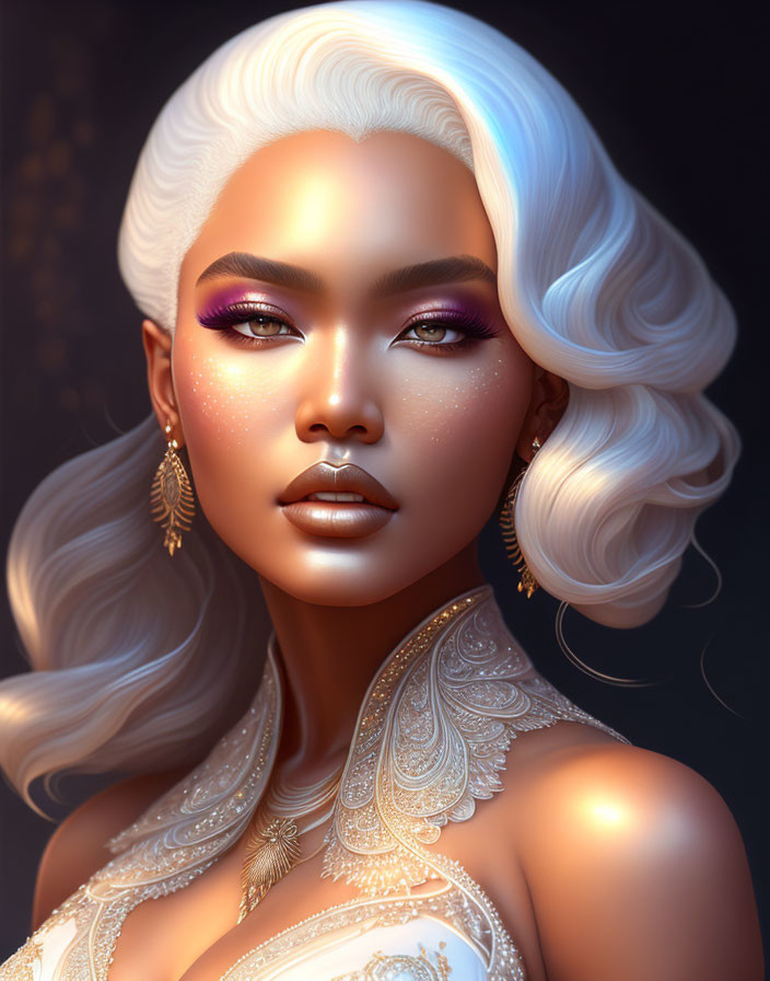 Detailed Digital Portrait of Woman with White Hair and Golden Accessories