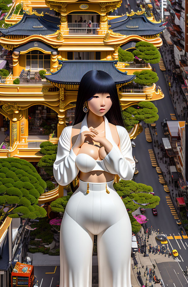 Futuristic black-haired woman in white outfit near pagoda-like building