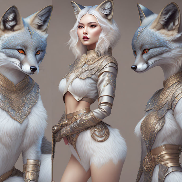 Fantasy illustration of human-like woman with fox features and golden armor.