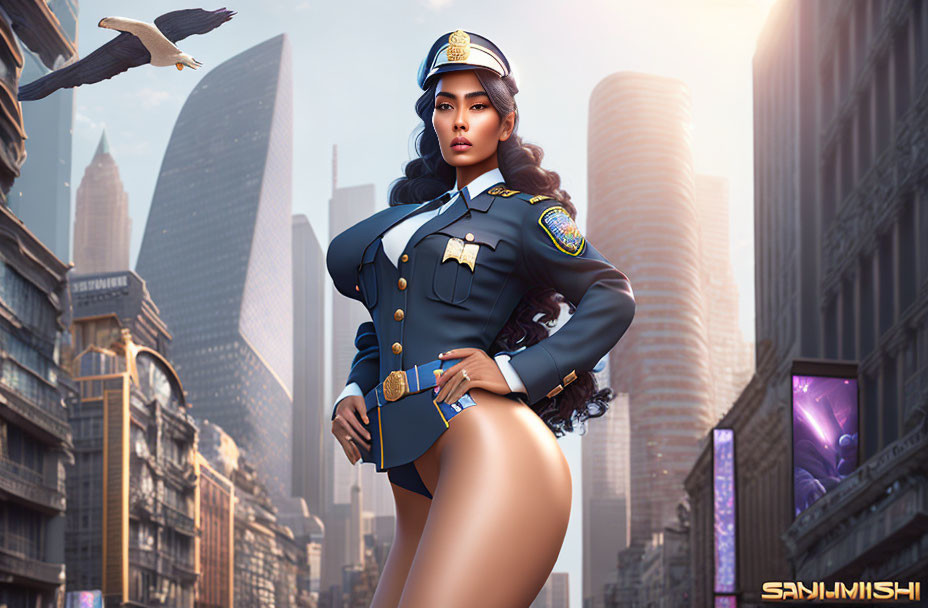 Stylized digital artwork of confident female police officer in futuristic cityscape