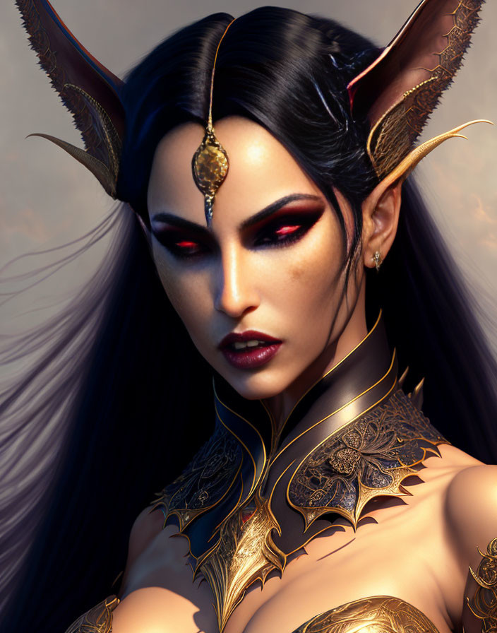 Fantasy female character with red eyes and horn-like armor