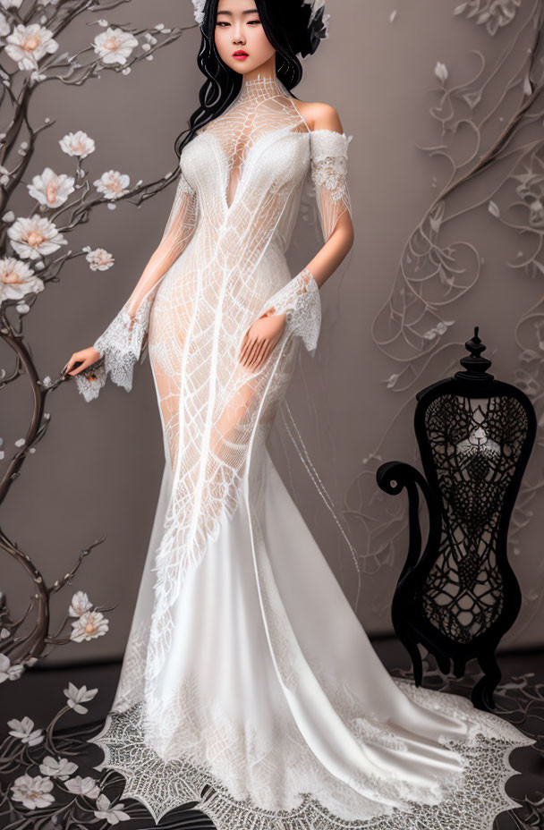 Detailed Illustration of Woman in White Lace Bridal Gown and Black Mannequin