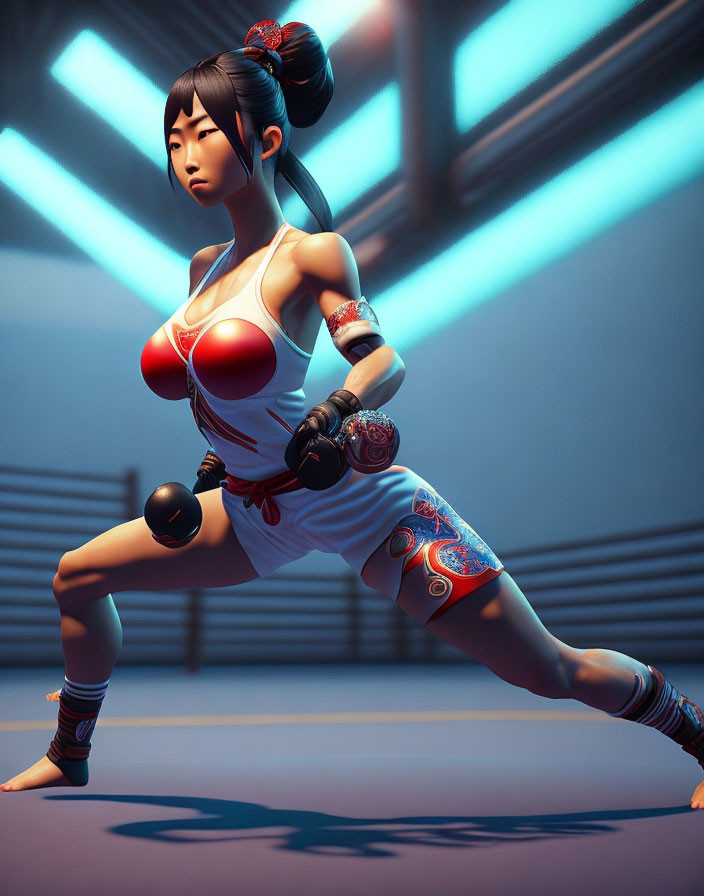 Female Martial Artist in Red Gloves and White Attire in 3D Render