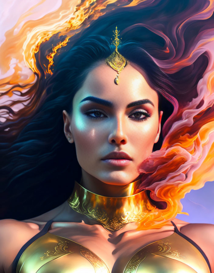 Fiery red-haired woman in golden armor on violet background