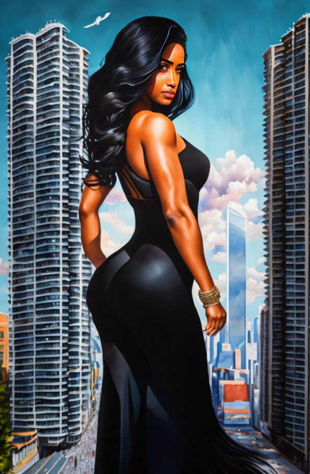 Stylized painting of woman in black dress with city skyline backdrop