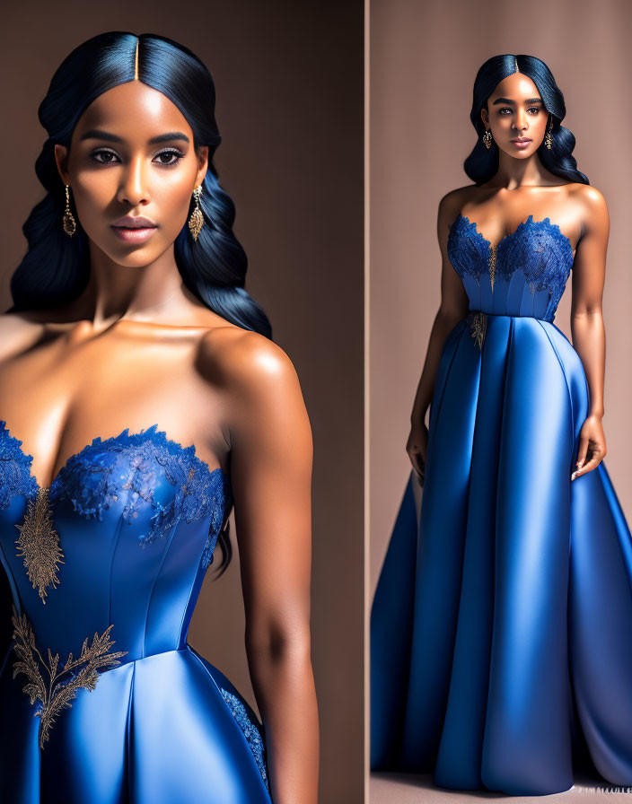 Elegant woman in blue gown with lace detail against brown backdrop