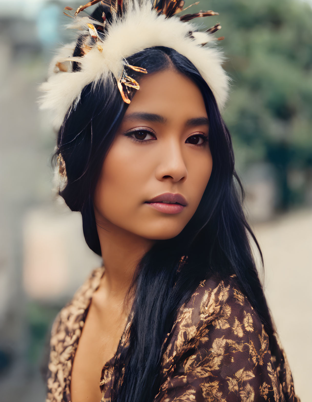 Woman in feathered headpiece and floral attire with blurred background.