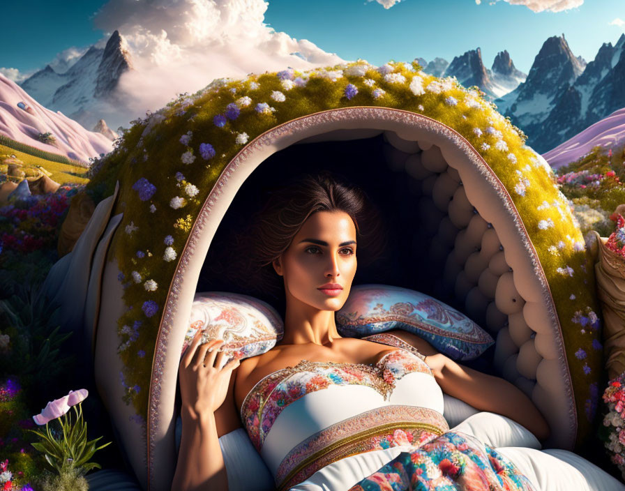 Woman reclining in floral archway in fantasy landscape with mountain peaks