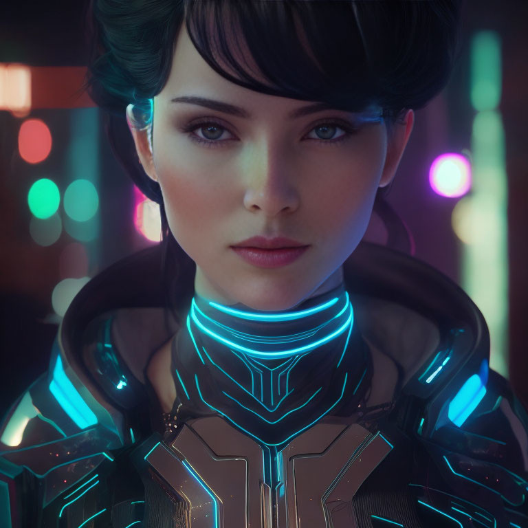 Female character in cybernetic armor with glowing blue details in futuristic digital artwork