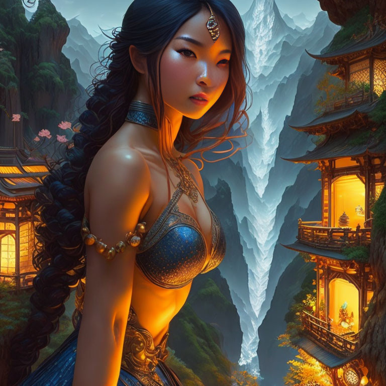 Fantasy digital art: Ethereal woman in elaborate attire with mountain backdrop