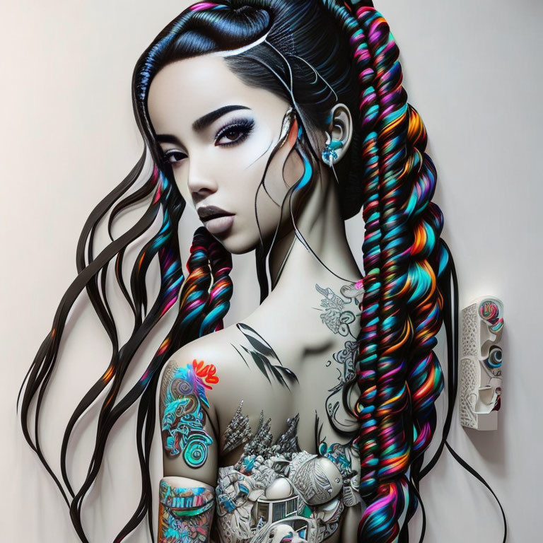 Colorful Braided Hair, Tattoos, & Cybernetic Arm on Female Figure: Futuristic