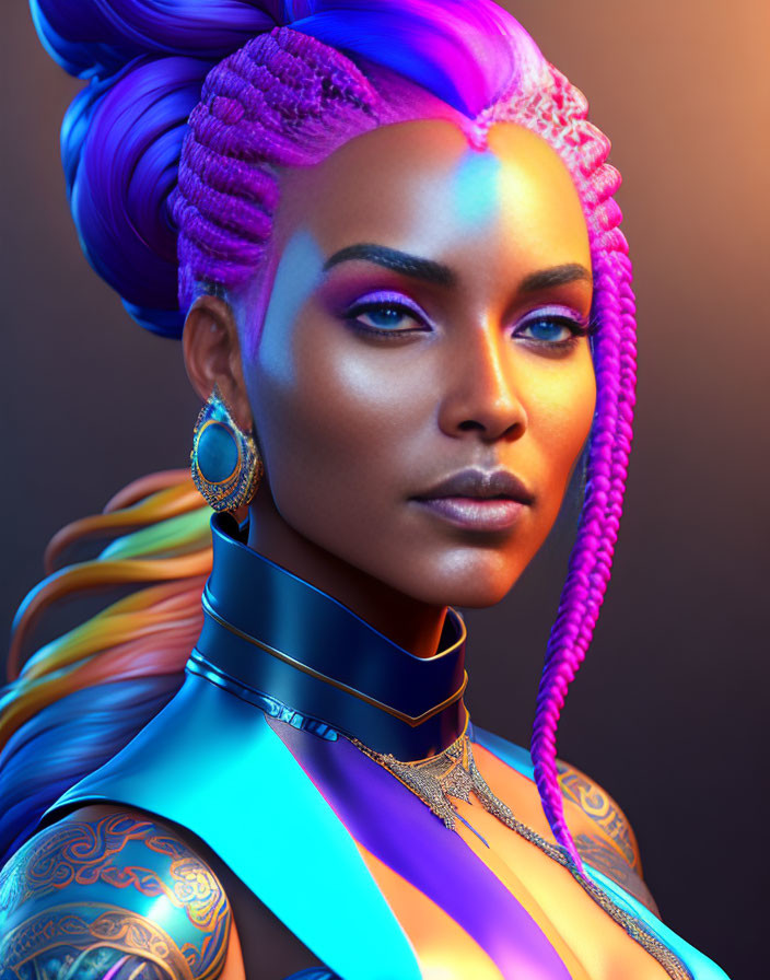 Vibrant digital portrait: woman with purple braided hair, colorful tattoos, futuristic blue outfit,