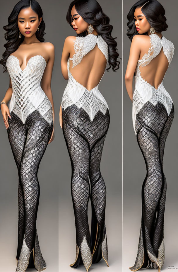 Woman modeling lace pattern bodysuit with cinched waist and flared bottom, paired with heeled