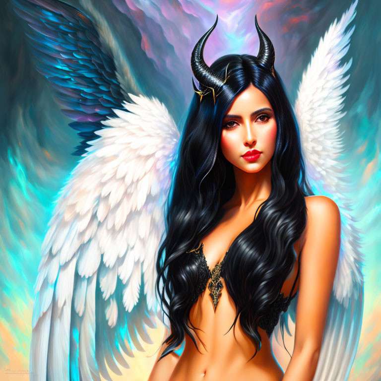 Female Figure with Black Hair, Horns, and White Wings on Colorful Background