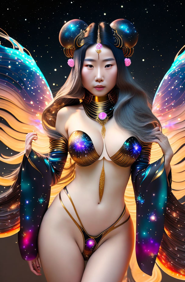 Cosmic-themed stylized portrait of a woman in sci-fi attire