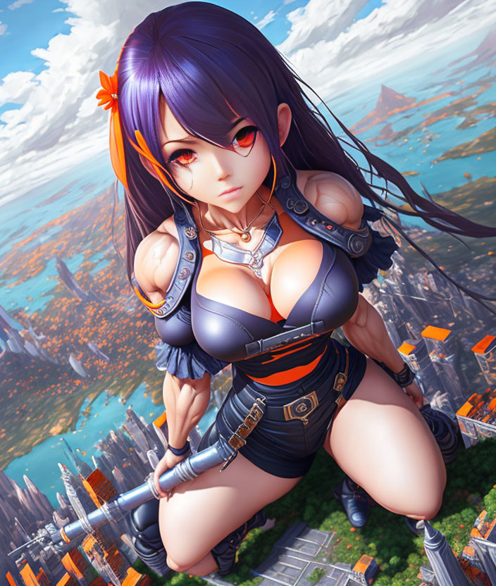 Purple-haired anime character with orange bow holding staff above futuristic cityscape