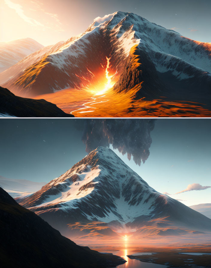 Snowy Mountain Peak Reflecting Light in Water at Sunrise and Sunset