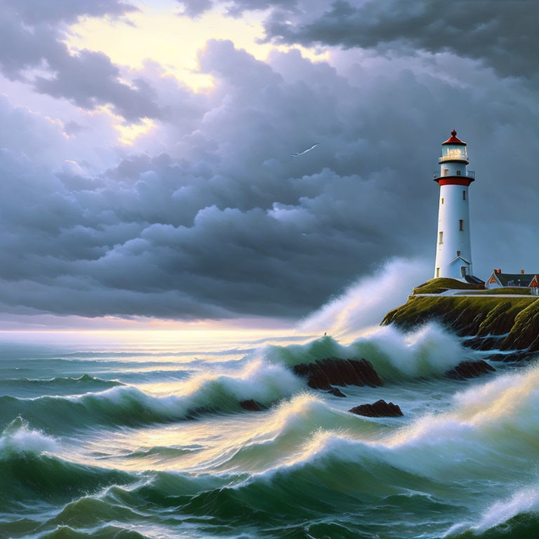 Rugged Cliff Lighthouse in Stormy Sky