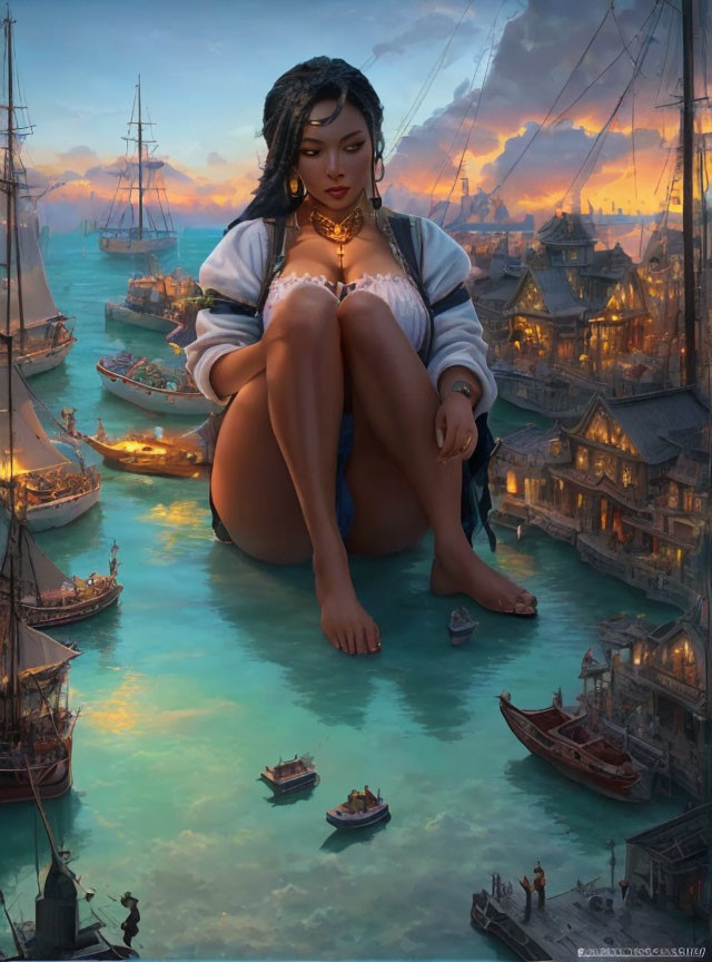 Digital artwork: Woman by water in historical port town at dusk