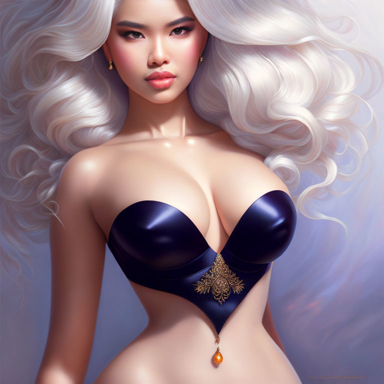 Digital artwork: Woman with flowing white hair and dark strapless top with gold detailing.