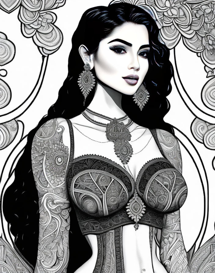 Monochrome illustration of woman with tattoo designs and ornate attire against floral background