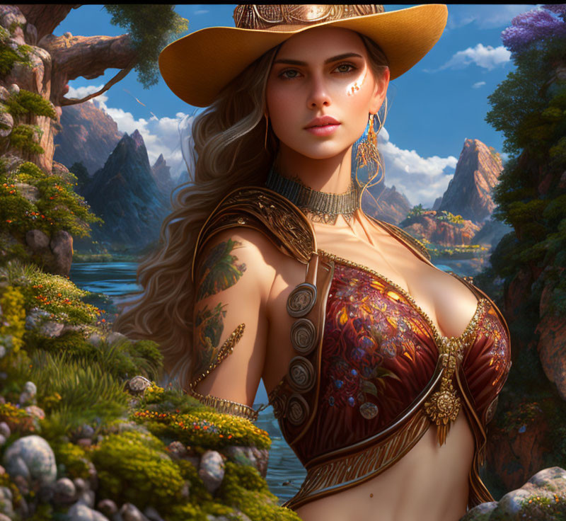 Digital artwork of woman in cowboy hat and ornate top in fantasy landscape with mountains and river